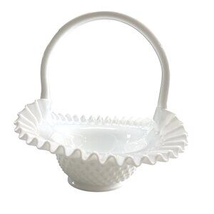 Fenton Hobnail Milk Glass Basket With Ruffled Edge